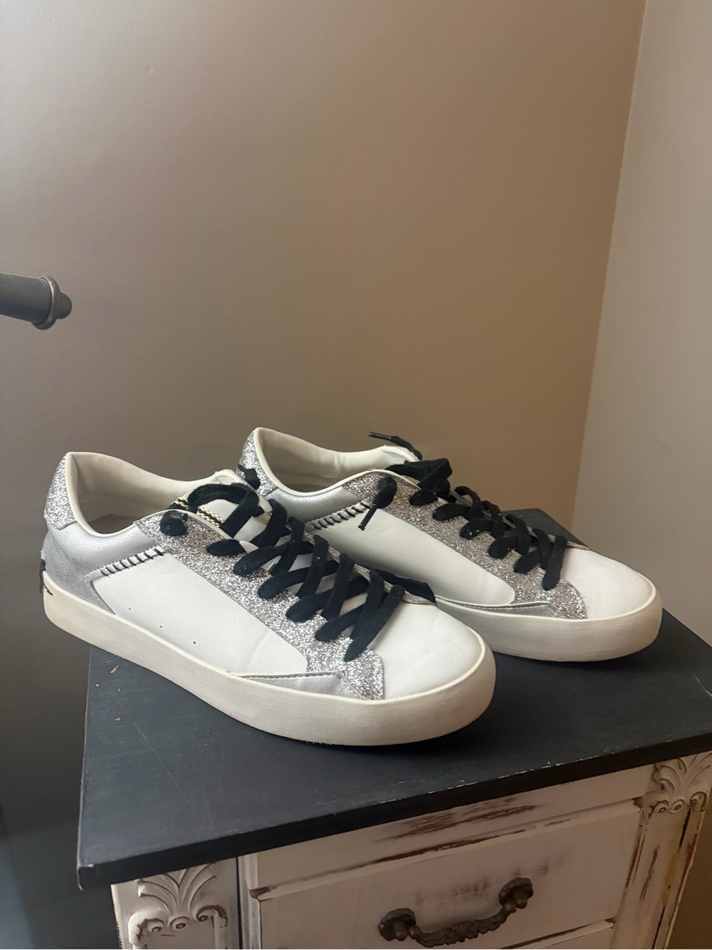 Women's White Sneakers with Silver Glitter Accents